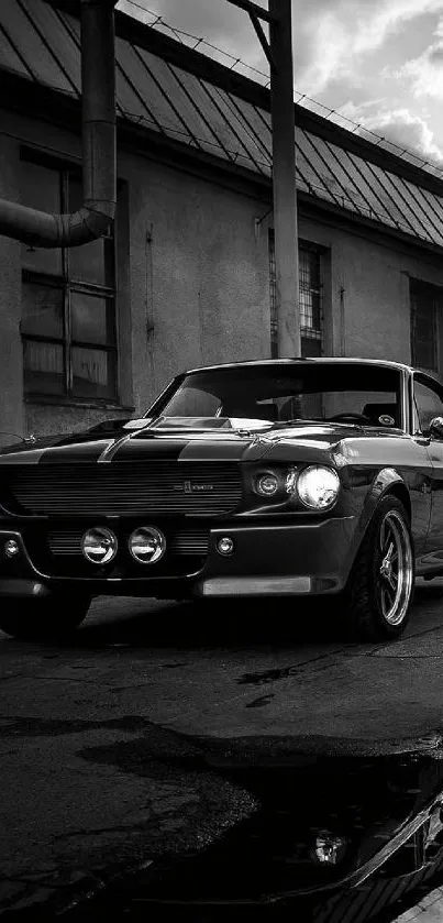 Vintage car in a monochrome industrial setting.