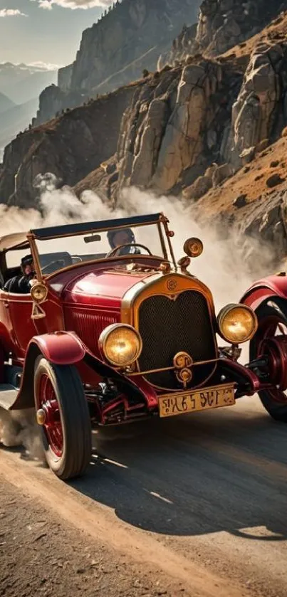 Vintage car driving on a scenic mountain road under bright sun.