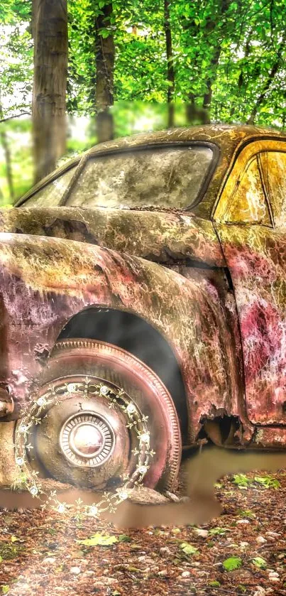 Old car overgrown with plants in forest wallpaper.