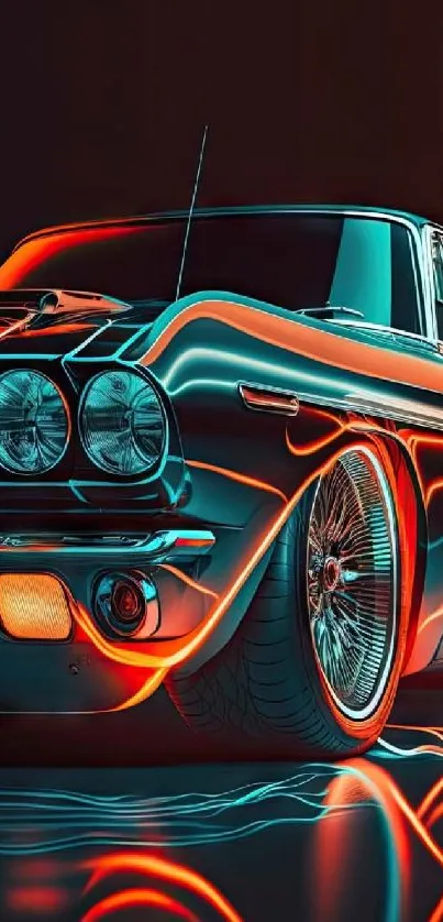 Vintage car with neon lights and retro aesthetic.