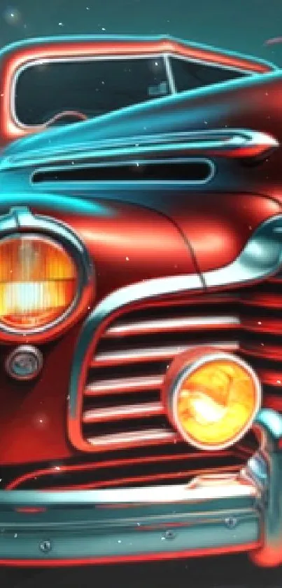 Illustrated vintage car in neon lights with vibrant red and orange hues.