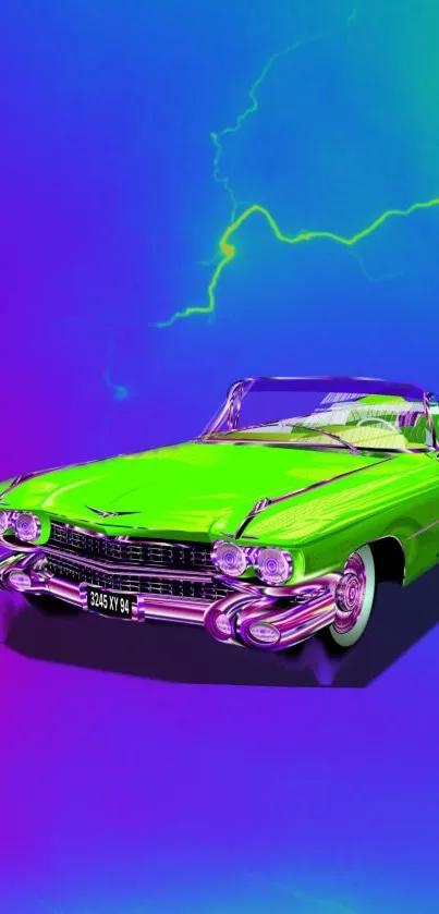 Neon green vintage car on gradient background wallpaper.