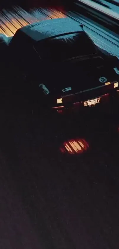 Vintage car driving at night with glowing lights.