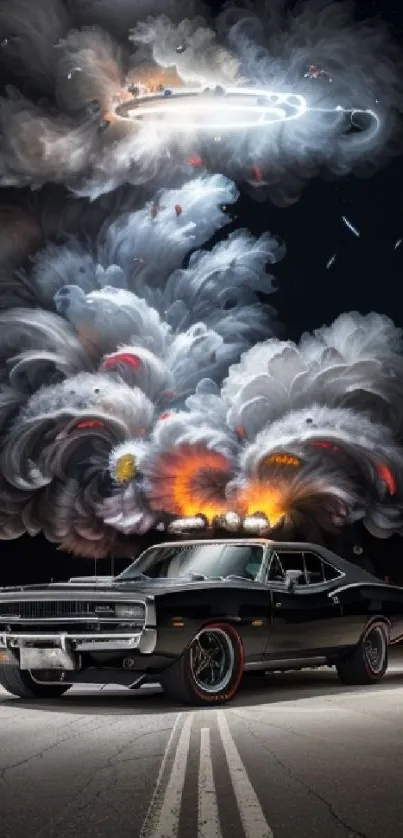 Vintage car with explosive clouds at night in artistic wallpaper.