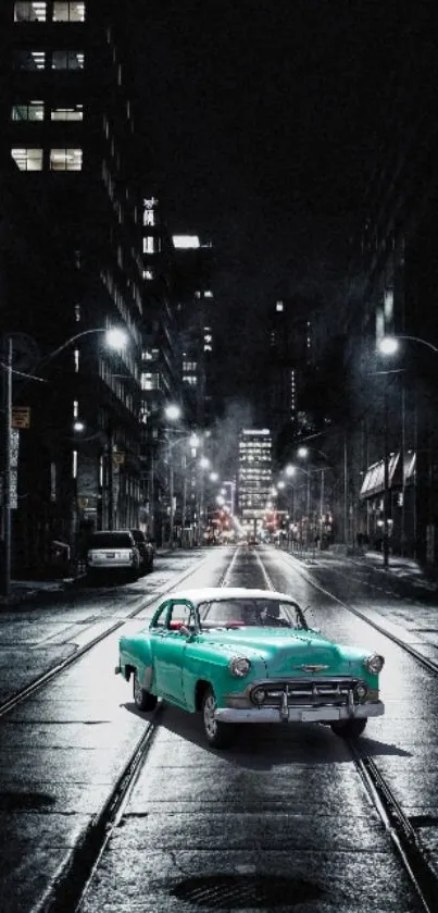 Vintage teal car on moody night city street wallpaper.