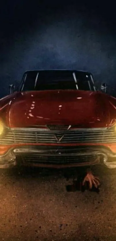 Vintage red car with glowing headlights in a dark, moody setting.