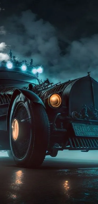 A vintage car with glowing lights in a dark and misty atmosphere.