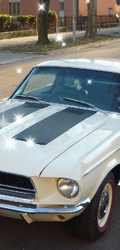 White vintage Mustang parked on a city street, capturing classic style.