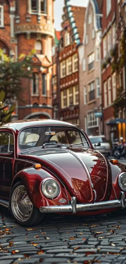 Vintage car parked on cobblestone street with historic buildings.