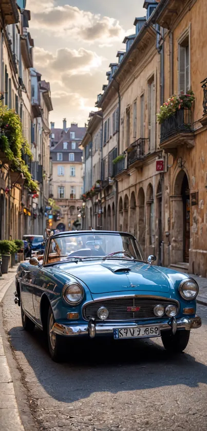 A vintage blue convertible on a charming Paris street.