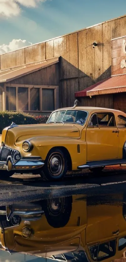 Yellow vintage car on a retro street with building backdrop.