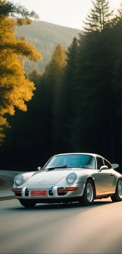 White vintage car on a winding forest road at sunset.