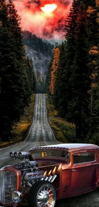 Vintage car on scenic road with dramatic sunset sky and forest.