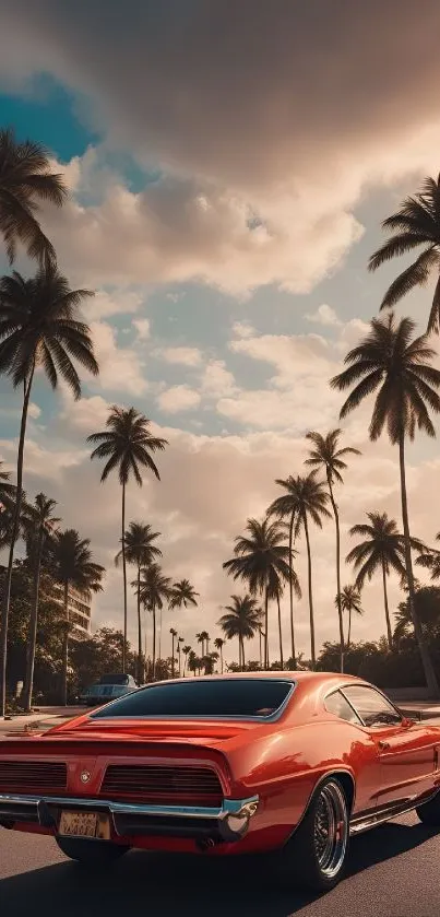 Vintage car with palm trees at sunset.