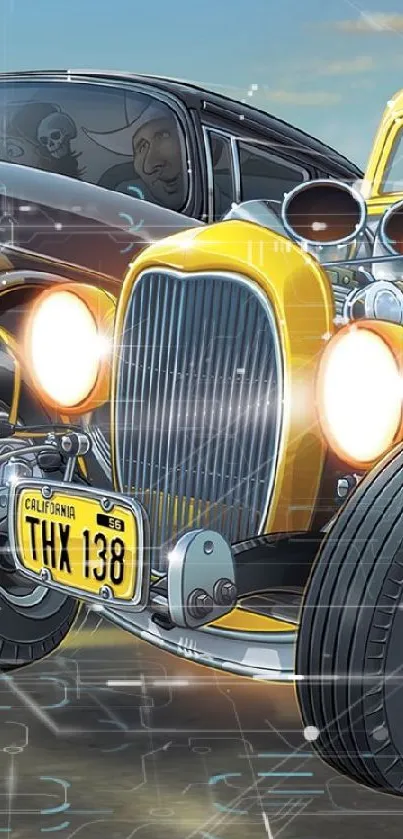 Illustrated vintage cars racing on a road, capturing dynamic motion and classic style.