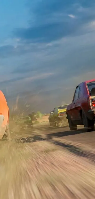 Classic cars racing in desert setting with dust trails and blue sky.