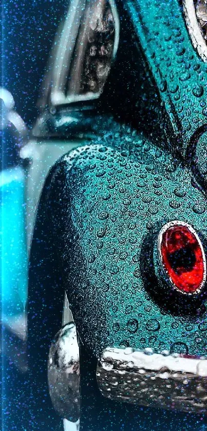 Vintage teal car with raindrops in close-up view.