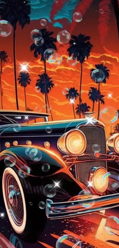 Vintage car at sunset with palm trees and bubbles.