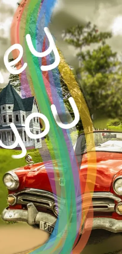 A vibrant vintage car with rainbows and a charming house backdrop.