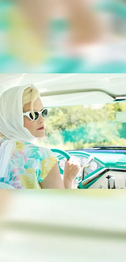 Woman in vintage car with retro sunglasses and headscarf, vibrant aesthetic.