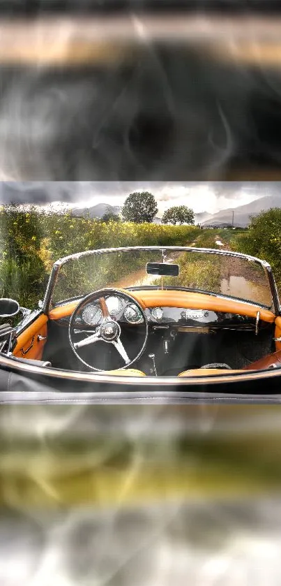 Vintage car on scenic road surrounded by nature, perfect for travel enthusiasts.