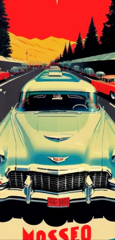 Vintage car road trip artwork with vibrant colors and classic design elements.