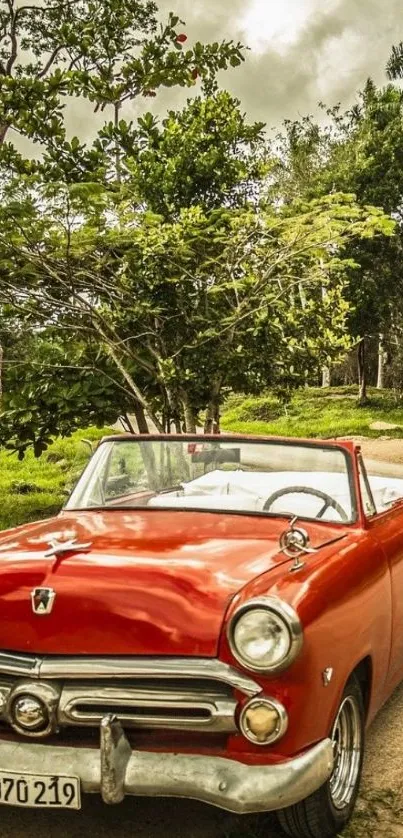 Vintage red car on scenic road with trees and cloudy sky.