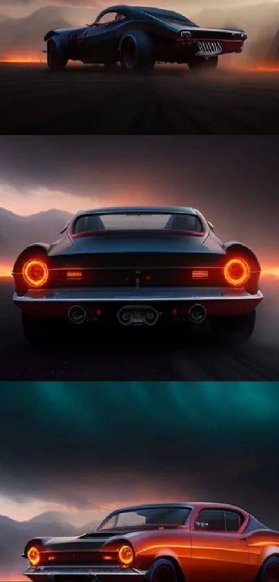 Vintage cars at sunset with a dramatic landscape background, perfect for mobile wallpaper.