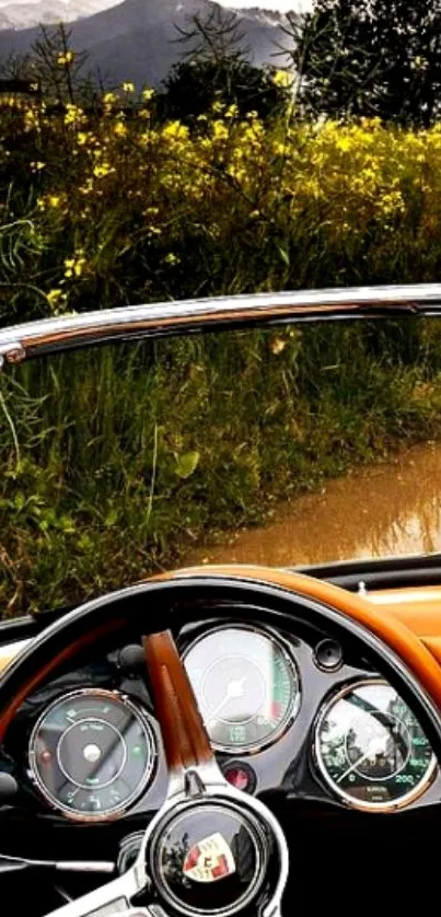 Vintage car steering wheel with scenic countryside view.