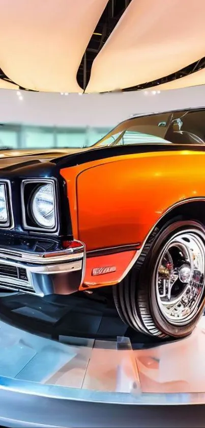 Vintage car with orange paint and chrome details on display.