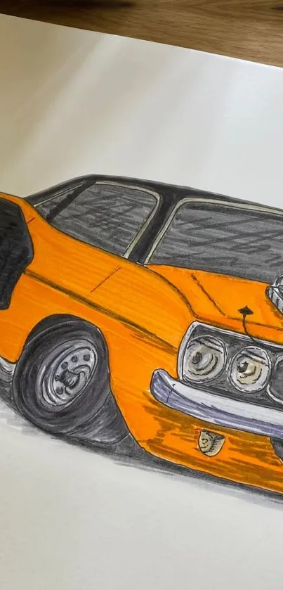 Vibrant orange vintage car sketch with bold lines.