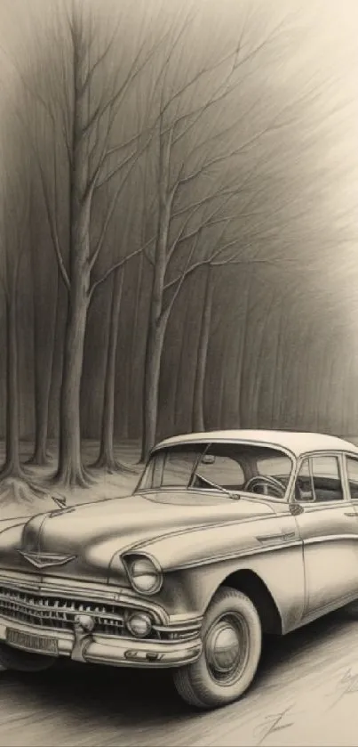 Vintage car sketch with forest backdrop, monochrome mobile wallpaper.