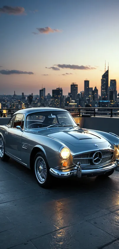 Vintage car with city skyline at dusk, sleek and elegant design.