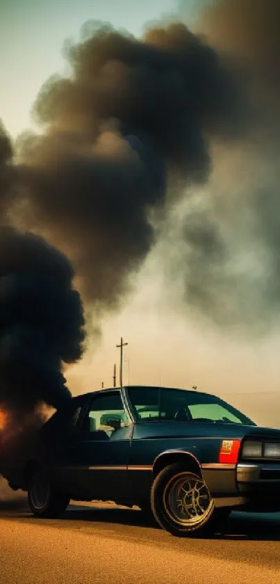 Vintage car with smoke and flames in a dramatic setting.