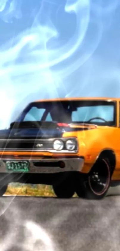 Vintage yellow car with smoke on a blue sky background.