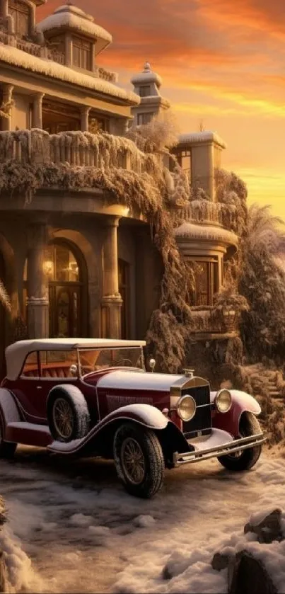 Vintage car parked by a snowy mansion at sunset, with warm orange sky.
