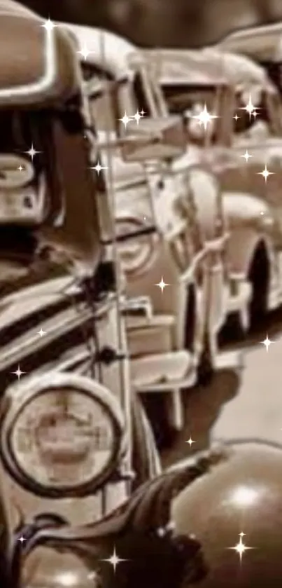 Sepia-toned vintage cars with sparkling effect.