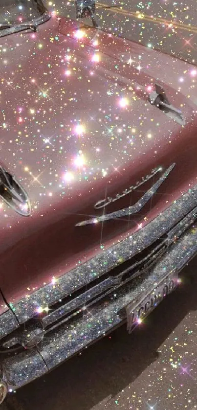 A sparkling vintage car design with a pink glittery aesthetic background.