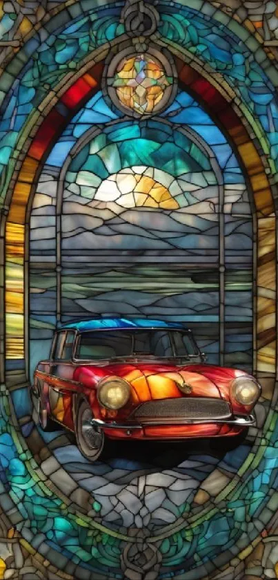 Stained glass art depicting a vintage red car and sunset.