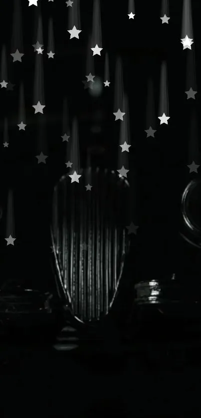 Vintage car with stars falling elegantly in the night sky.