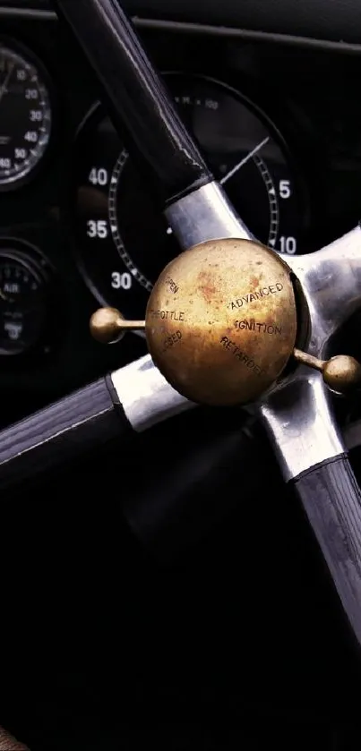 Dark brown vintage car steering wheel with wooden accents.