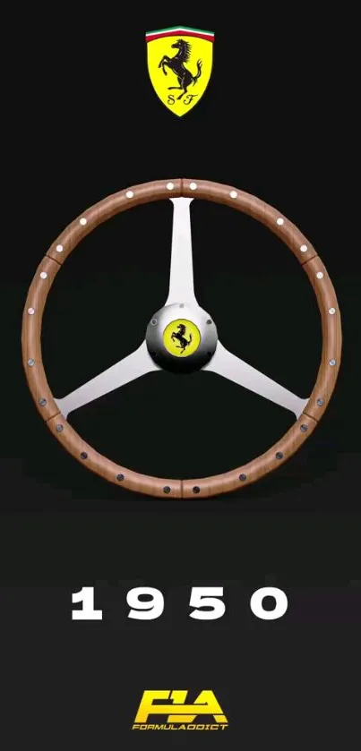 Vintage steering wheel with emblem on black background.