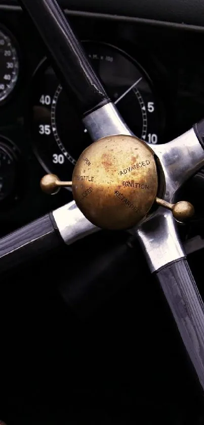 Vintage steering wheel with elegant brown grips in a classic car.