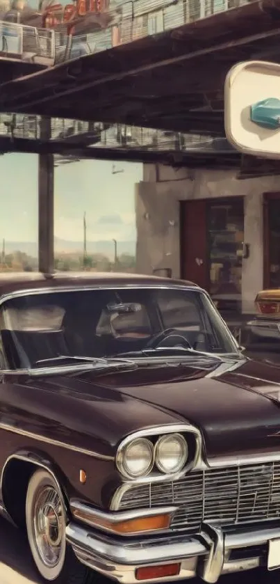 Vintage car parked in a retro urban street setting with classic aesthetics.