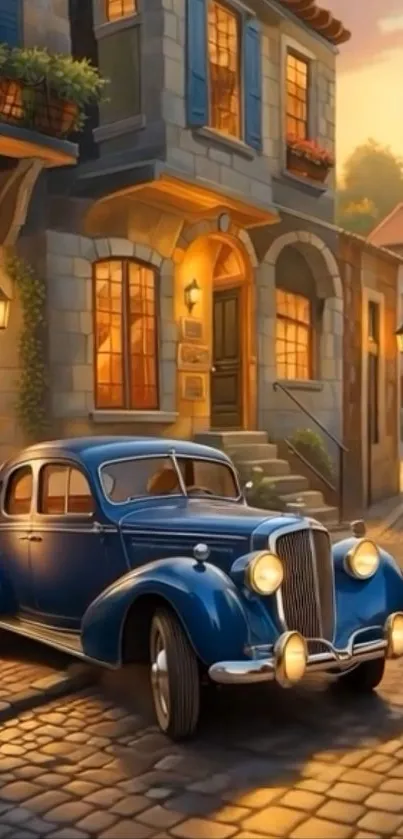 Vintage car parked on cobblestone street at night.