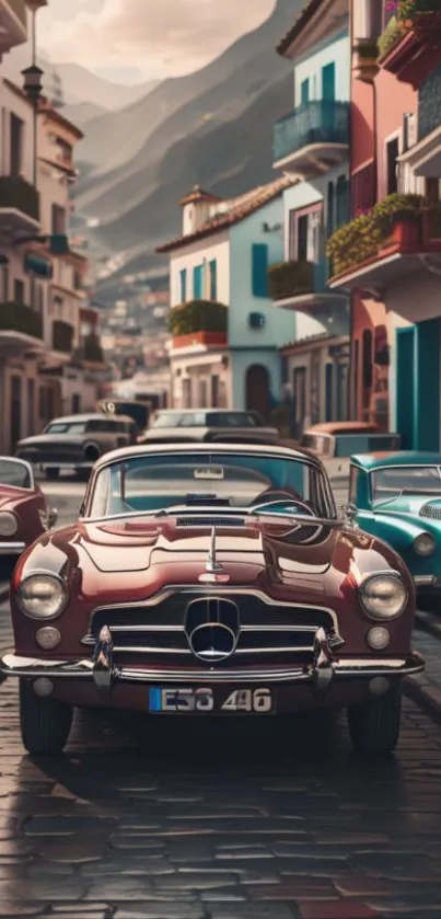 Vintage car cruising through a vibrant Mediterranean street.