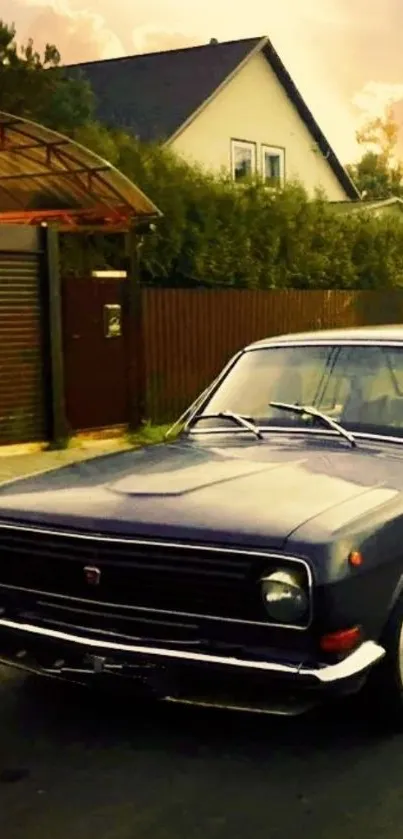 Vintage car parked on a suburban street at sunset.