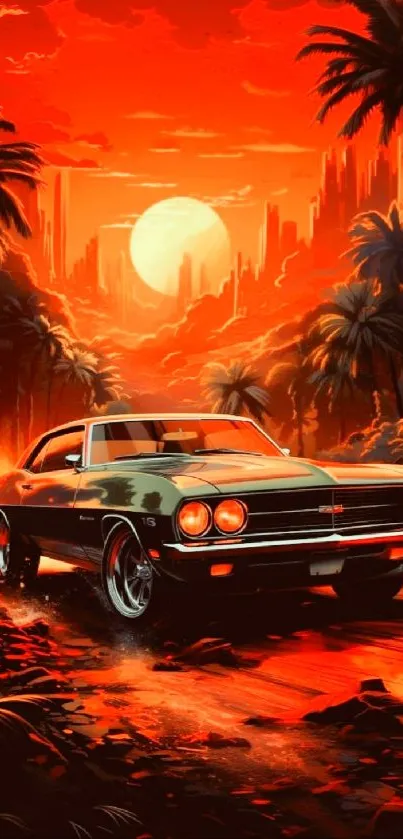 Vintage car driving through tropical sunset with palm trees.