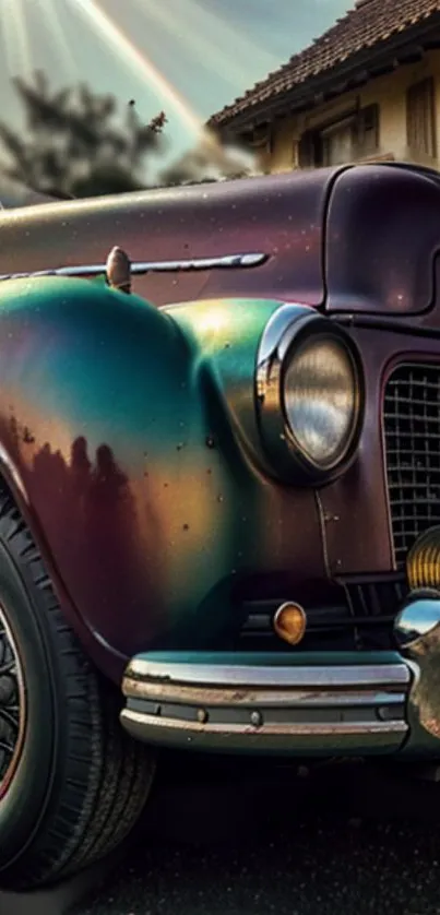 Vintage car in sunset, showcasing classic elegance and colorful reflections.