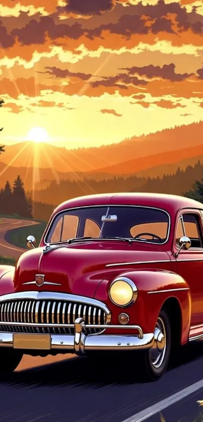 Vintage red car driving in a sunset landscape with mountains and trees.